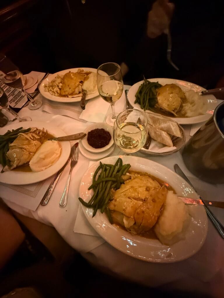 Thanksgiving dinner at Rolf's German Restaurant. Turkey, green beans, and mashed potatoes with dressing.